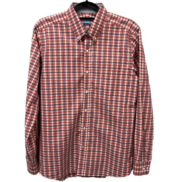 J McLaughlin Mens Shirt L Red Blue Check Trim Fit 100% Cotton Prep Classic‎ USA - Picture 1 of 12